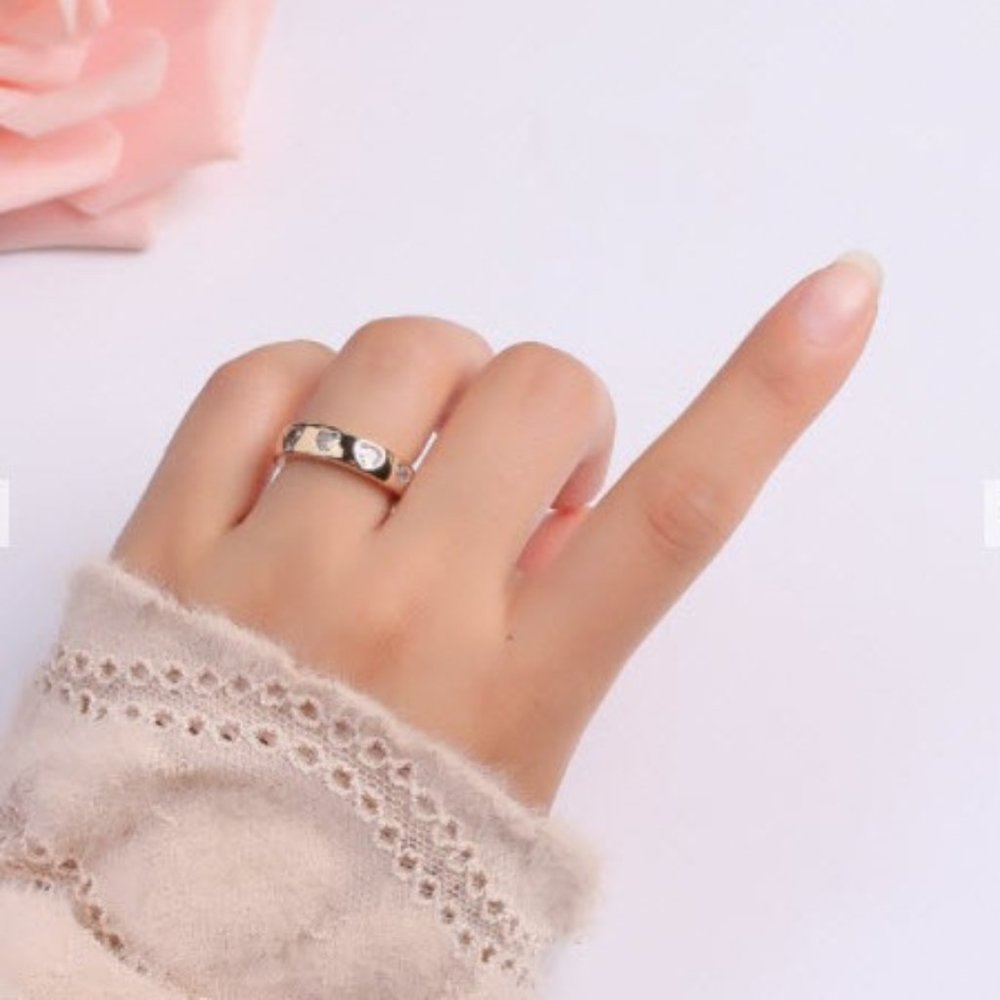 Gold Plated Chunky Cuff Ring with Clear Cubic Zirconia Heart Shaped Stones